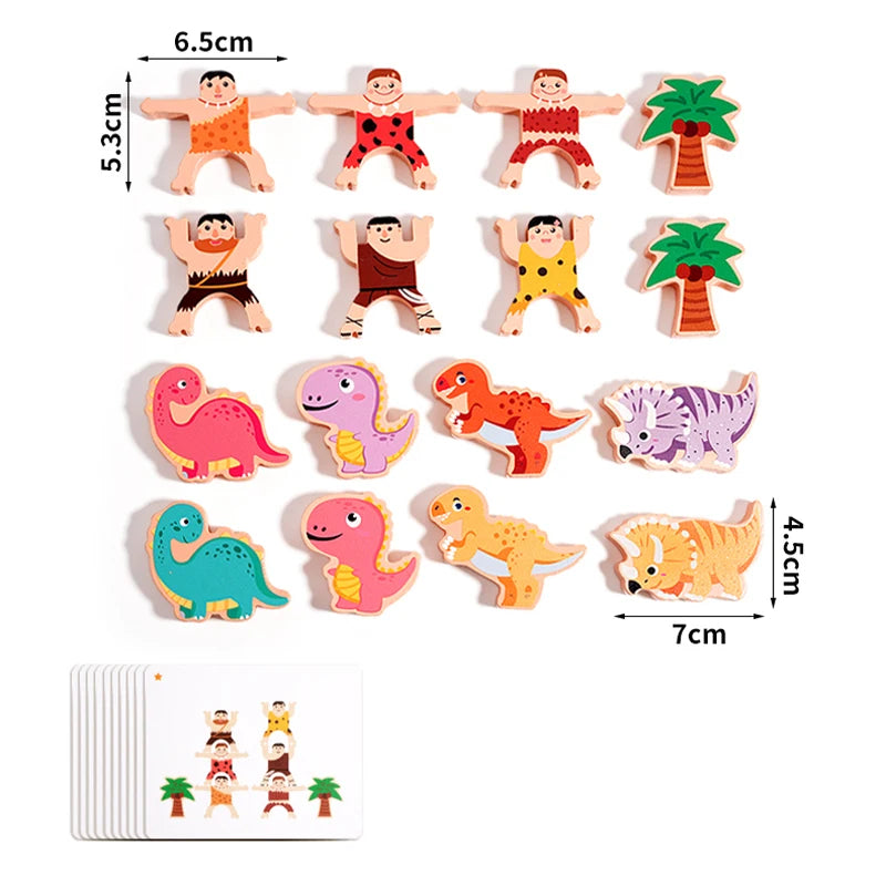 Wooden Dinosaur Stacking Blocks - Montessori Balance Game for Kids