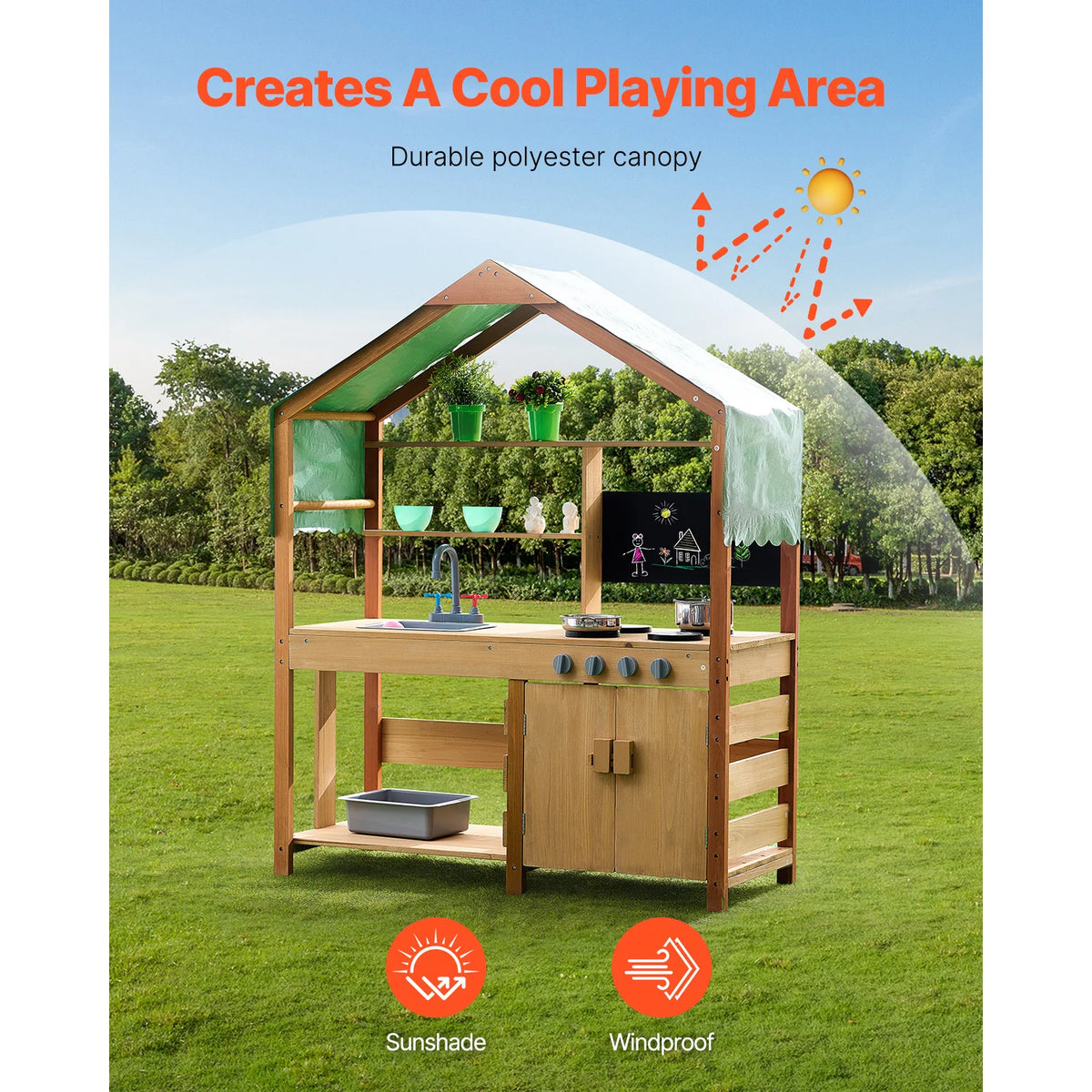 Wooden Outdoor Mud Kitchen Kids Playset with Canopy & Accessories