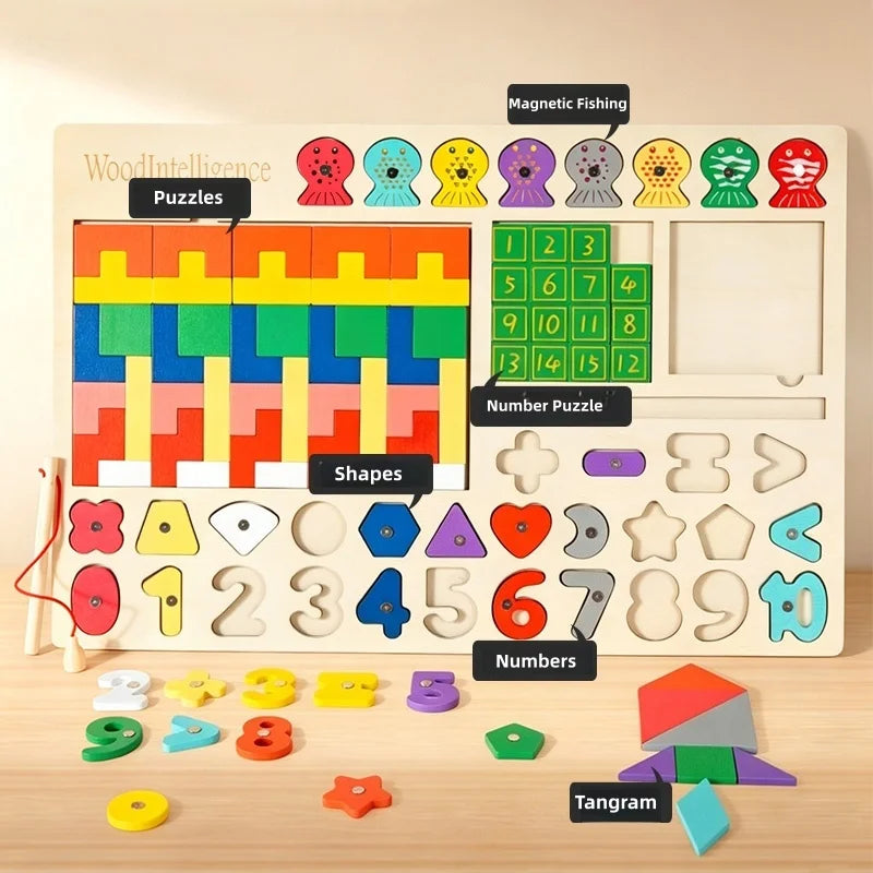 Montessori Wooden Busy Board 5-in-1 Educational Math & Fishing Toy