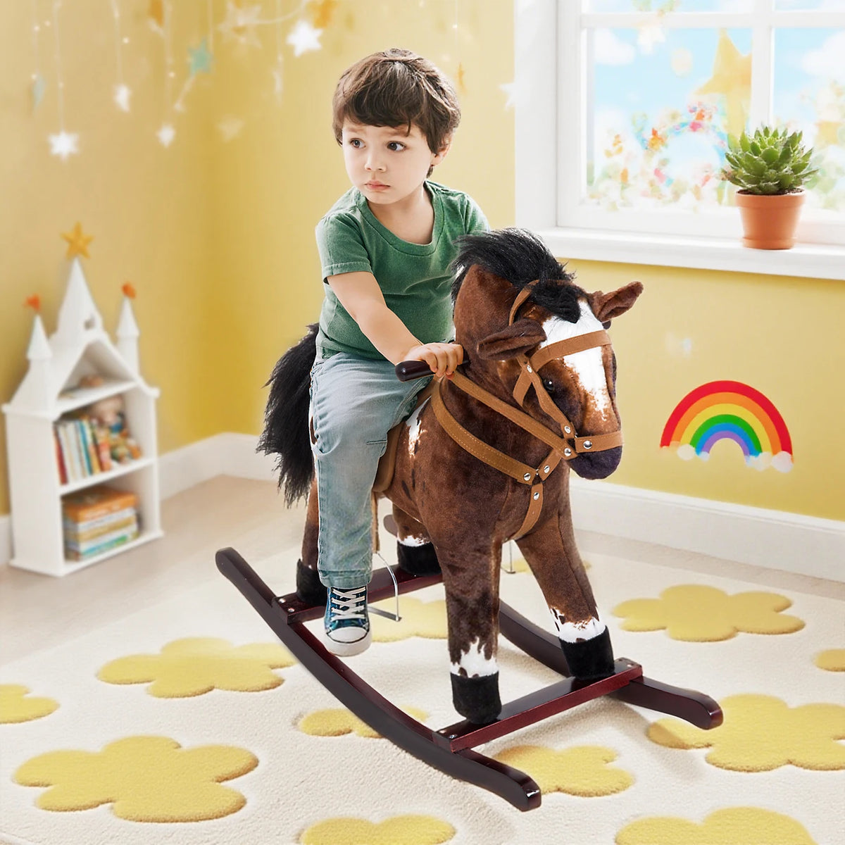Kids Plush Rocking Horse Toy with Sound & Wooden Base - Ages 3+