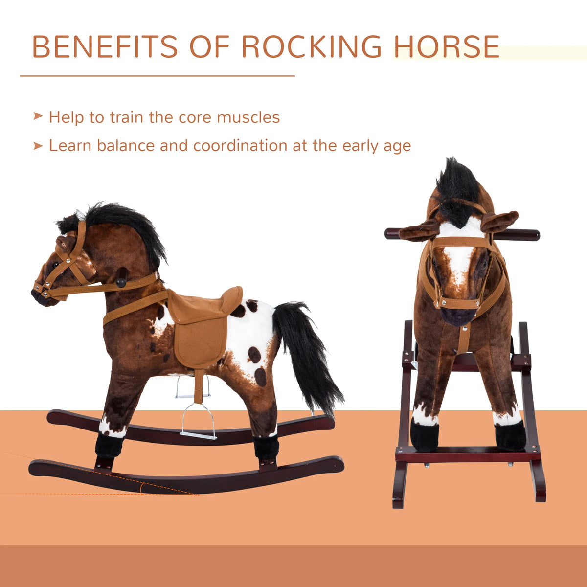 Kids Plush Rocking Horse Toy with Sound & Wooden Base - Ages 3+