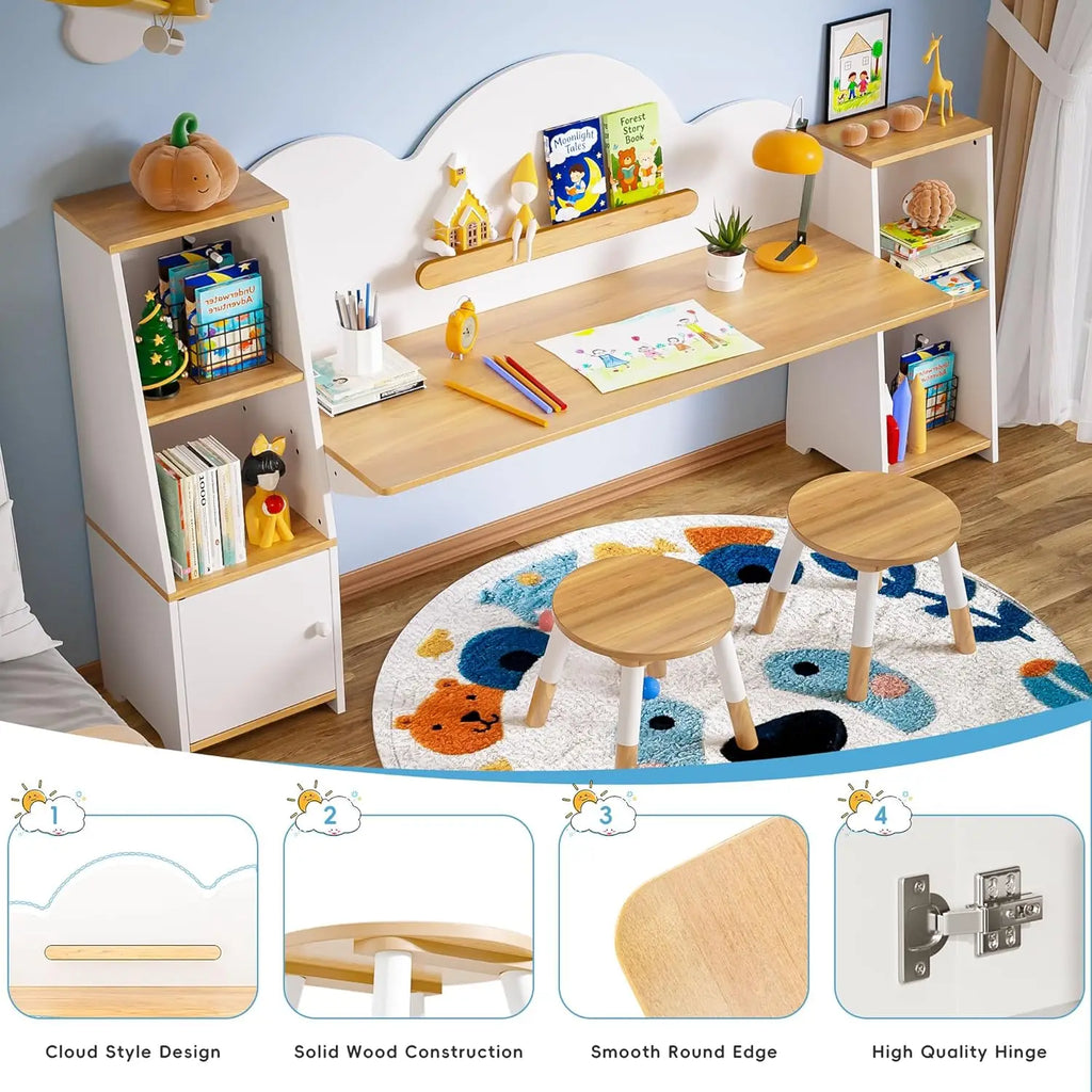 Wooden Kids Study Desk with 2 Stools & Storage Bookshelf