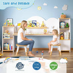 Wooden Kids Study Desk with 2 Stools & Storage Bookshelf