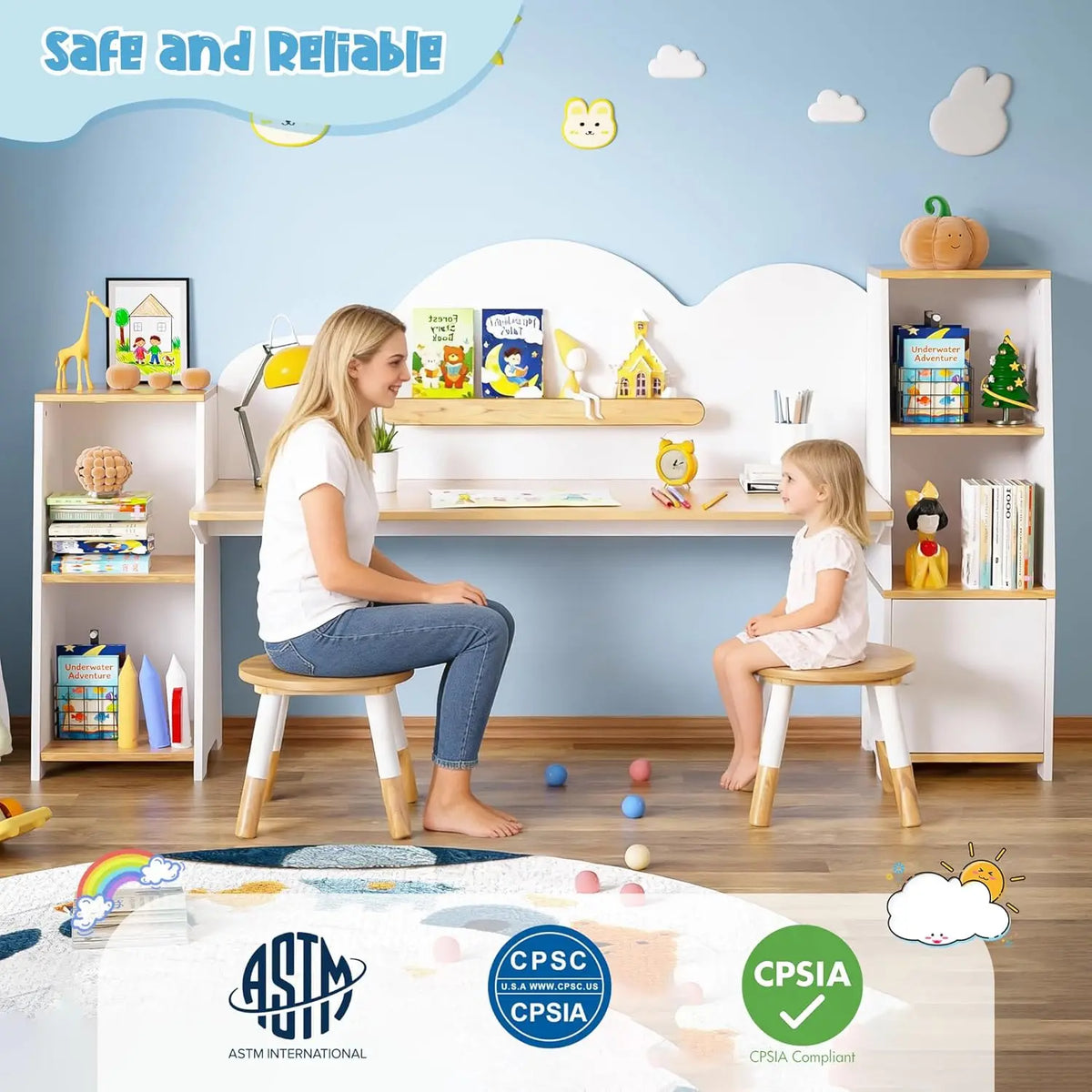 Wooden Kids Study Desk with 2 Stools & Storage Bookshelf