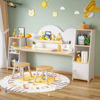 Wooden Kids Study Desk with 2 Stools & Storage Bookshelf