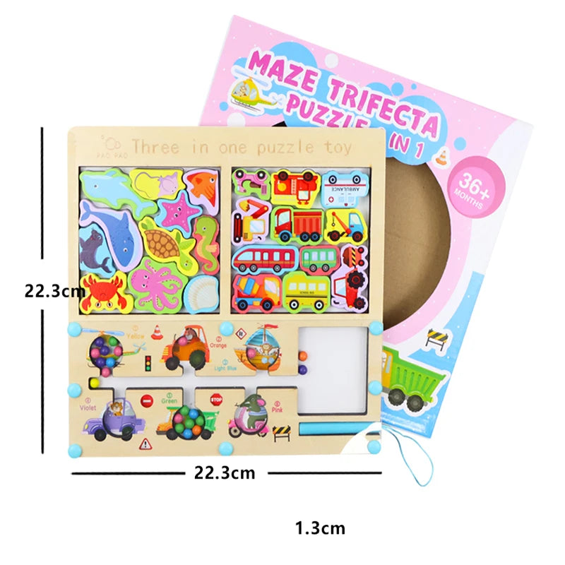 3-in-1 Wooden Maze Puzzle - Montessori Educational Sorting Toy