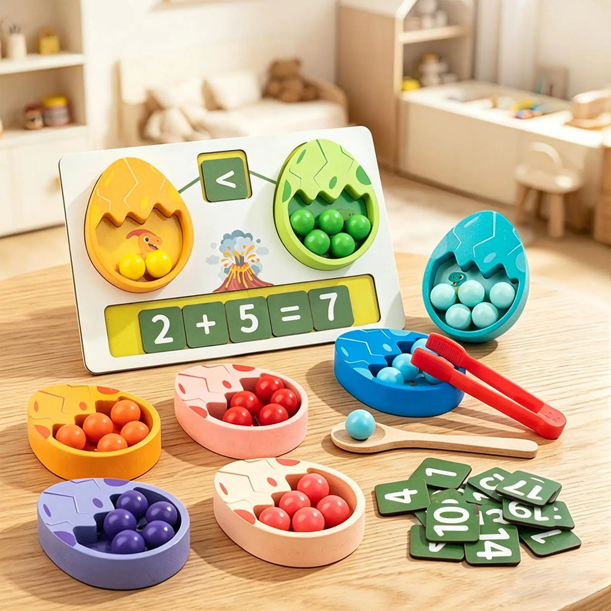 Montessori Dinosaur Bead Counting Game - Wooden Math & Fine Motor Toy
