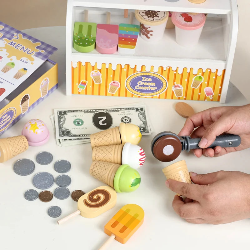 Montessori Wooden Ice Cream Counter Playset for Kids Pretend Play