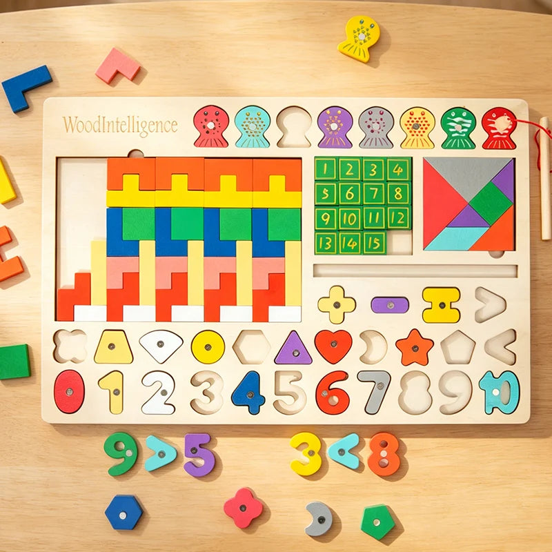 Montessori Wooden Busy Board 5-in-1 Educational Math & Fishing Toy
