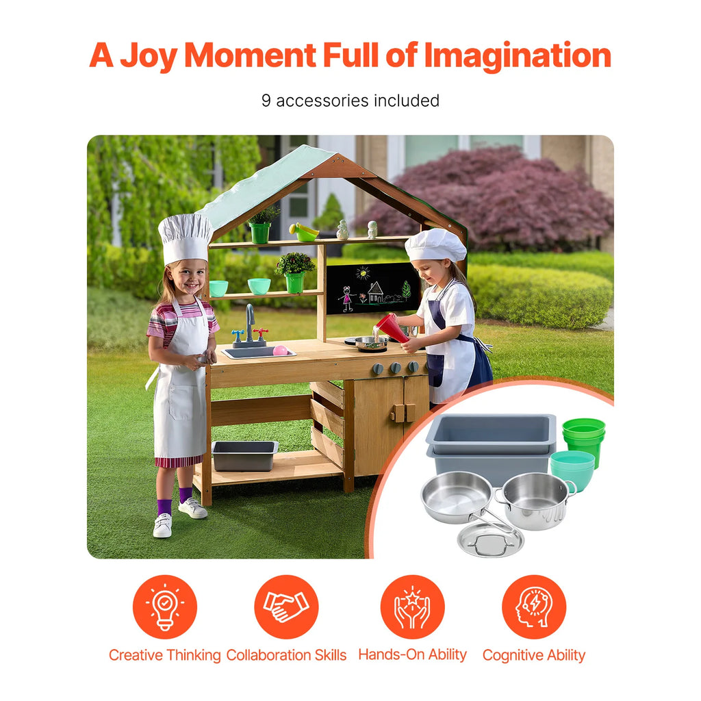 Wooden Outdoor Mud Kitchen Kids Playset with Canopy & Accessories