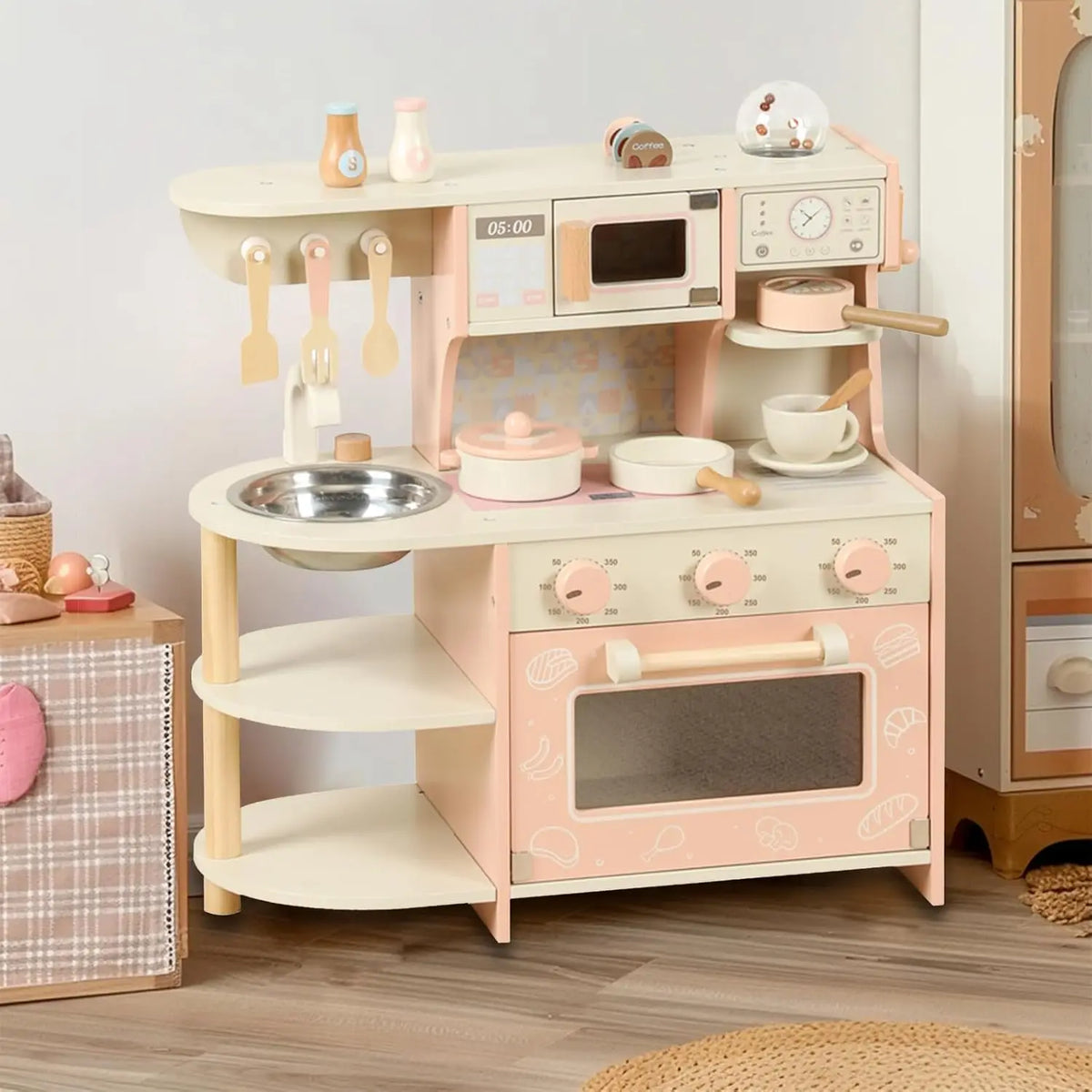 Wooden Play Kitchen Set - Pink Pretend Play Toy for Toddlers