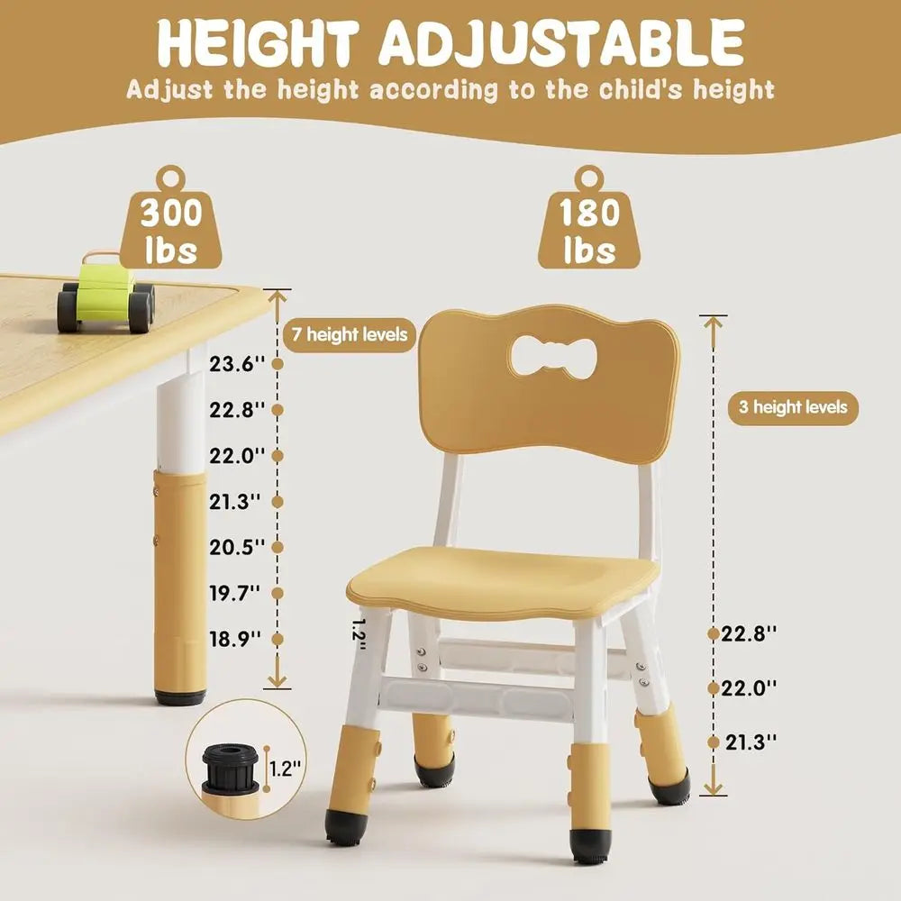 Kids Table and 4 Chairs Set, Adjustable Height HDPE Toddler Activity Desk