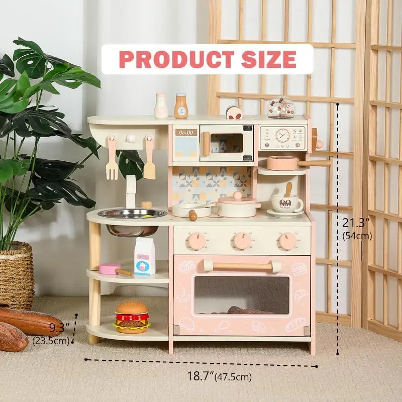 Wooden Play Kitchen Set - Pink Pretend Play Toy for Toddlers