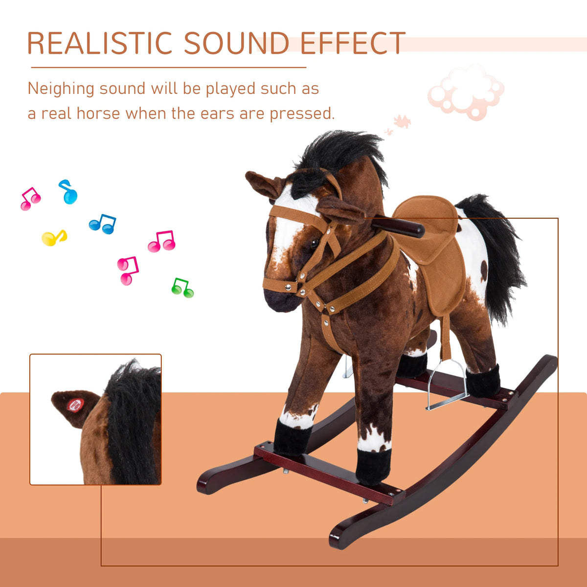 Kids Plush Rocking Horse Toy with Sound & Wooden Base - Ages 3+