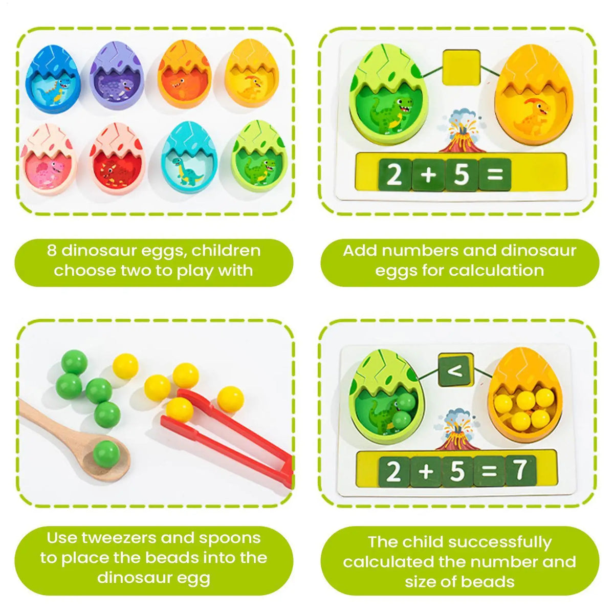 Montessori Dinosaur Bead Counting Game - Wooden Math & Fine Motor Toy