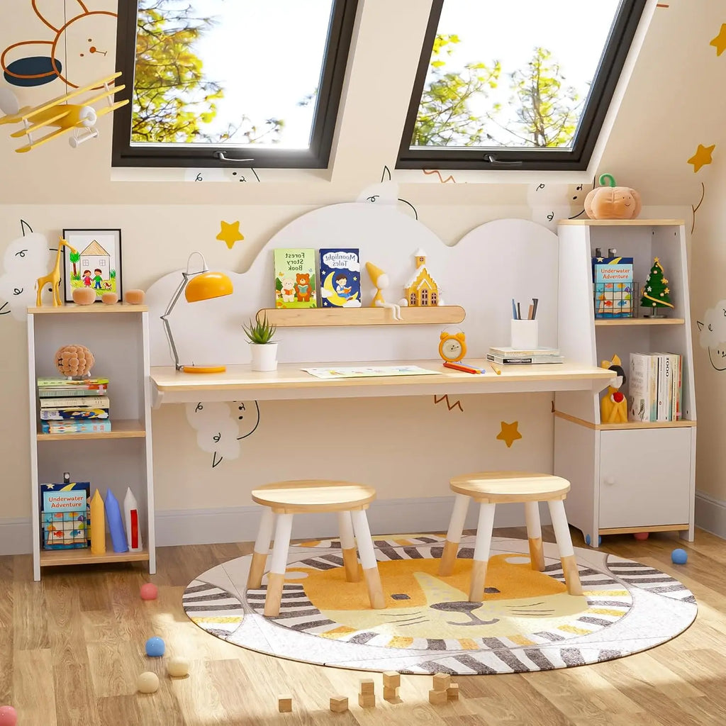 Wooden Kids Study Desk with 2 Stools & Storage Bookshelf