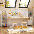 Wooden Kids Study Desk with 2 Stools & Storage Bookshelf