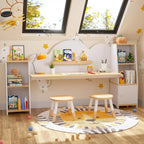 Wooden Kids Study Desk with 2 Stools & Storage Bookshelf