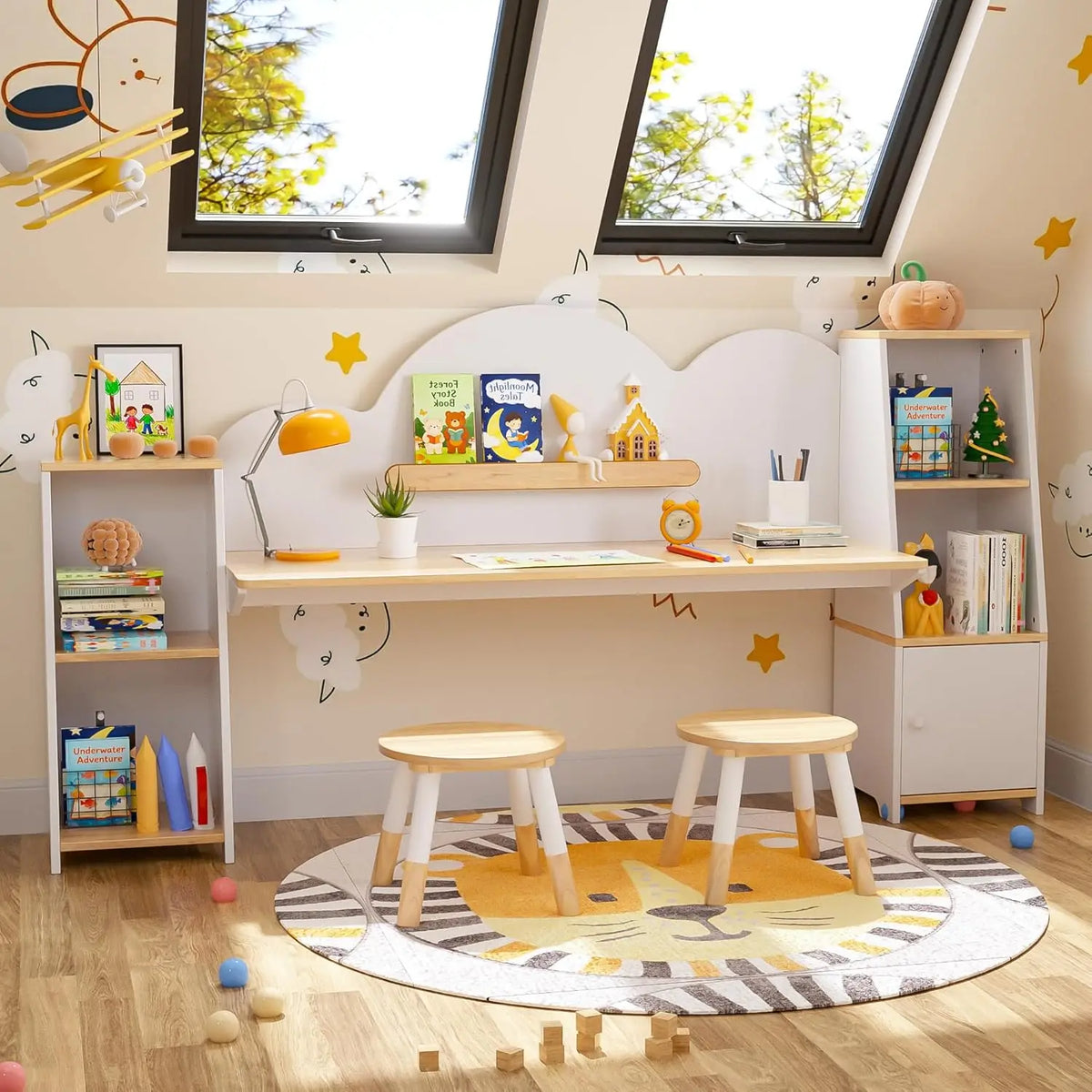 Wooden Kids Study Desk with 2 Stools & Storage Bookshelf
