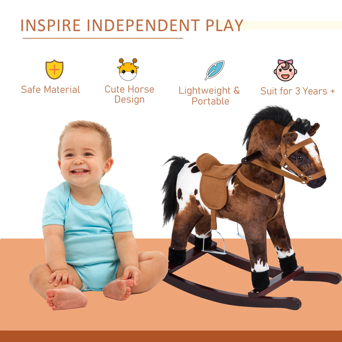 Kids Plush Rocking Horse Toy with Sound & Wooden Base - Ages 3+