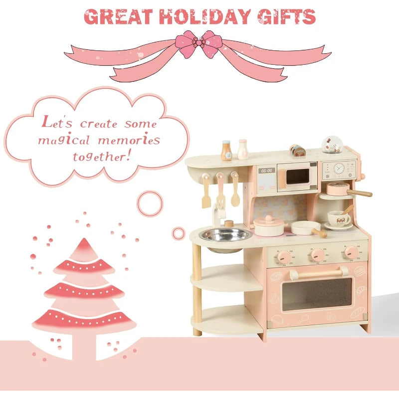 Wooden Play Kitchen Set - Pink Pretend Play Toy for Toddlers