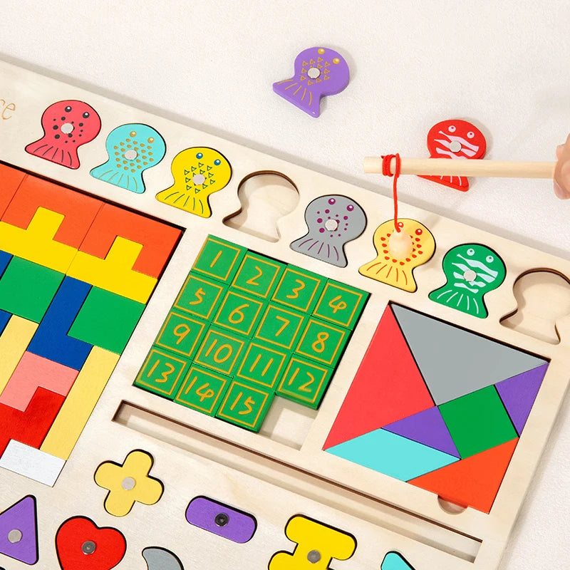 Montessori Wooden Busy Board 5-in-1 Educational Math & Fishing Toy