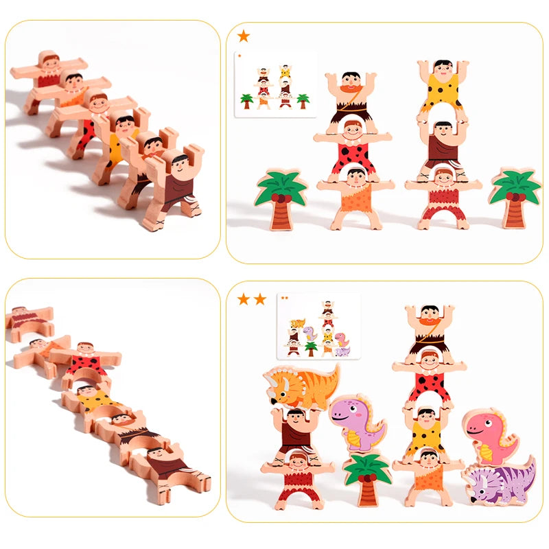 Wooden Dinosaur Stacking Blocks - Montessori Balance Game for Kids