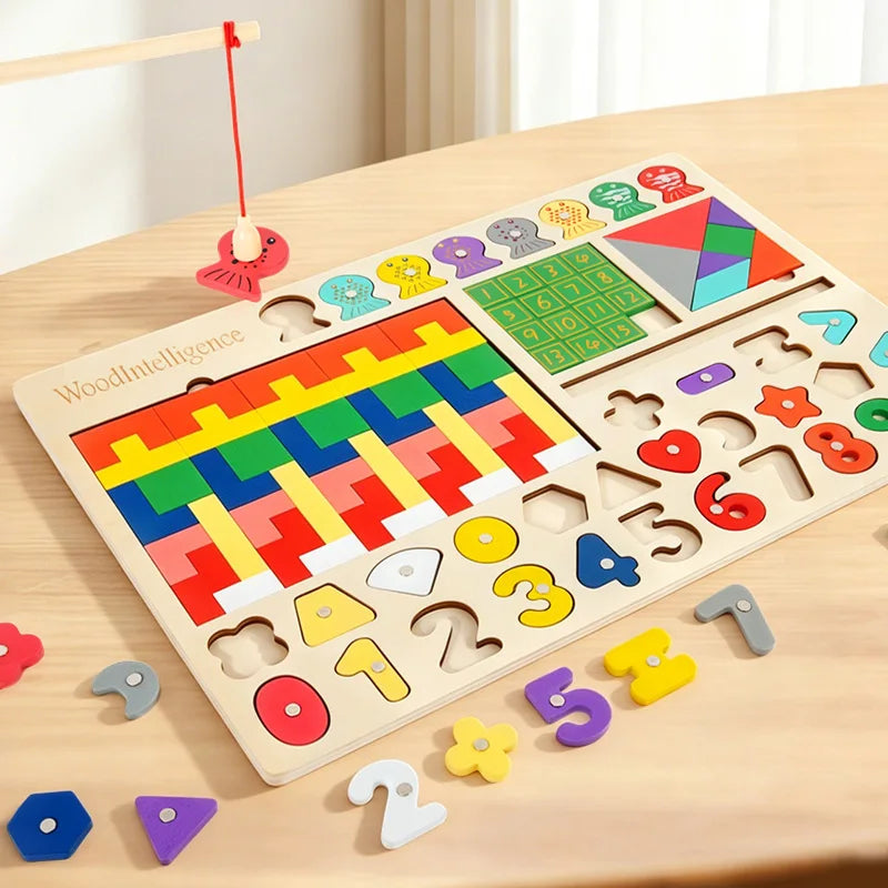 Montessori Wooden Busy Board 5-in-1 Educational Math & Fishing Toy
