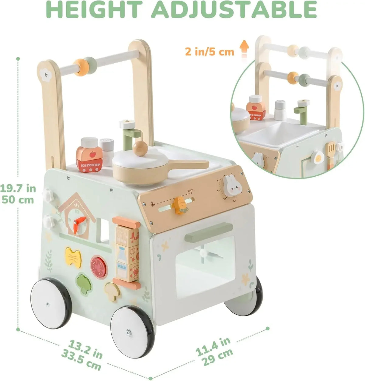 Wooden Baby Walker - Adjustable Montessori Push Toy for Toddlers