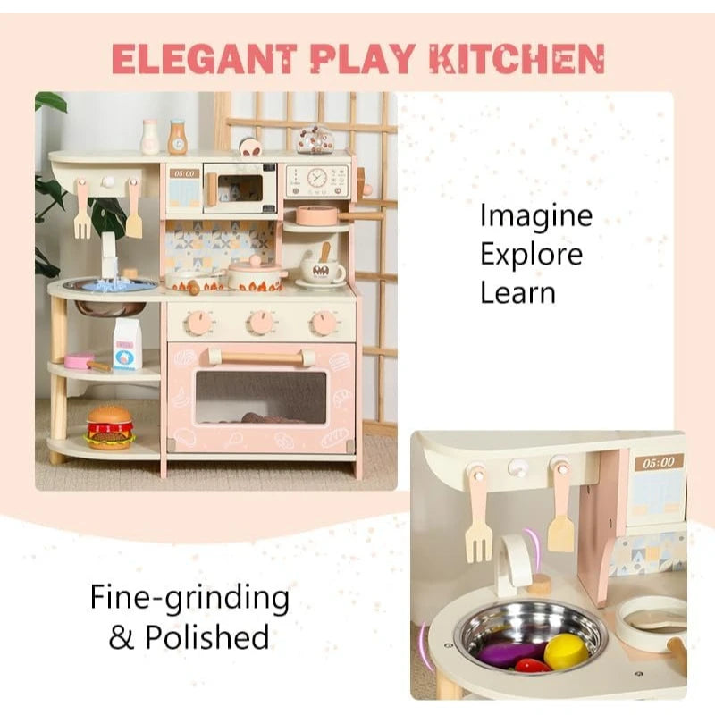 Wooden Play Kitchen Set - Pink Pretend Play Toy for Toddlers