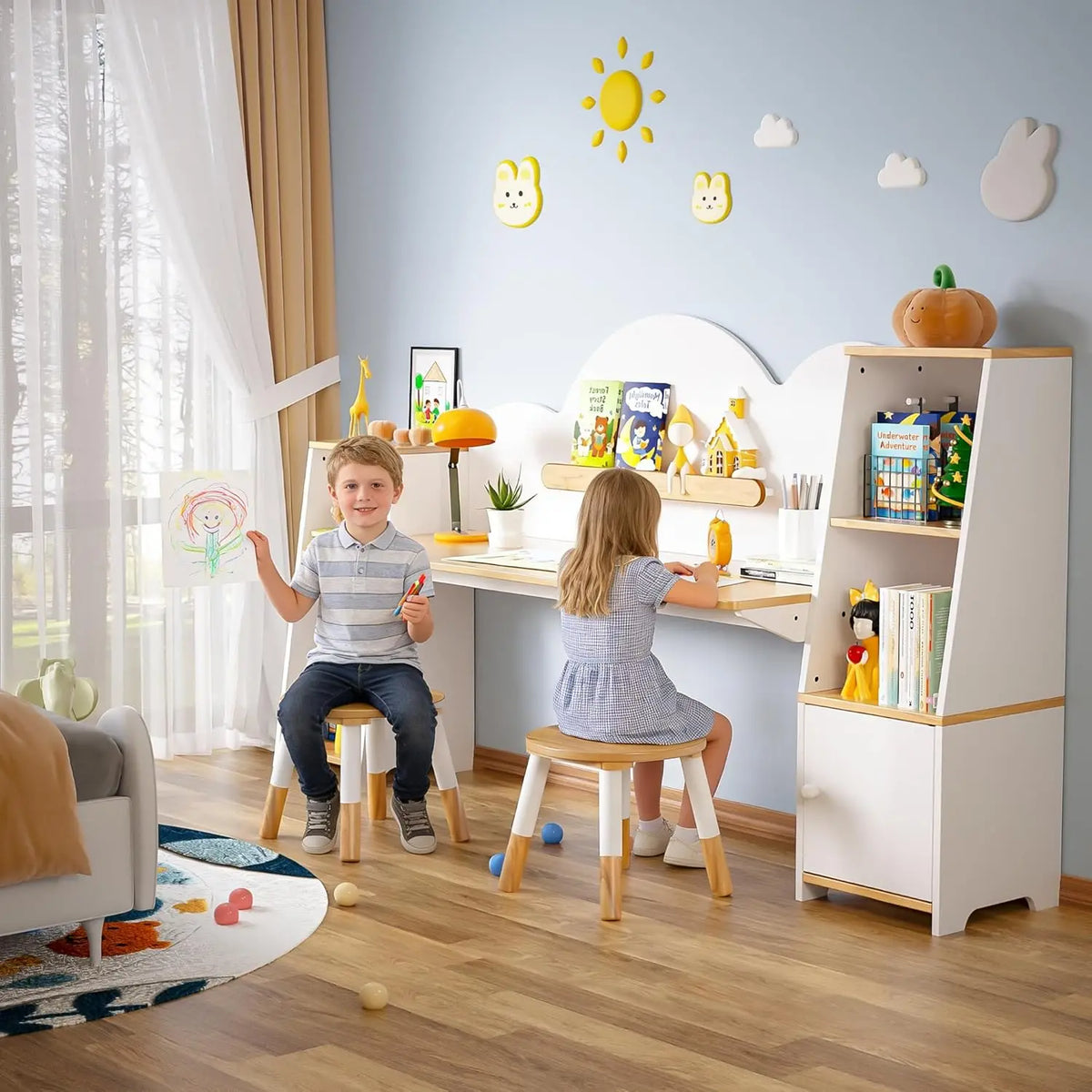 Wooden Kids Study Desk with 2 Stools & Storage Bookshelf