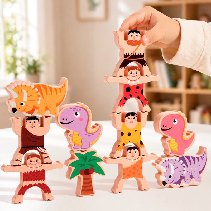 Wooden Dinosaur Stacking Blocks - Montessori Balance Game for Kids