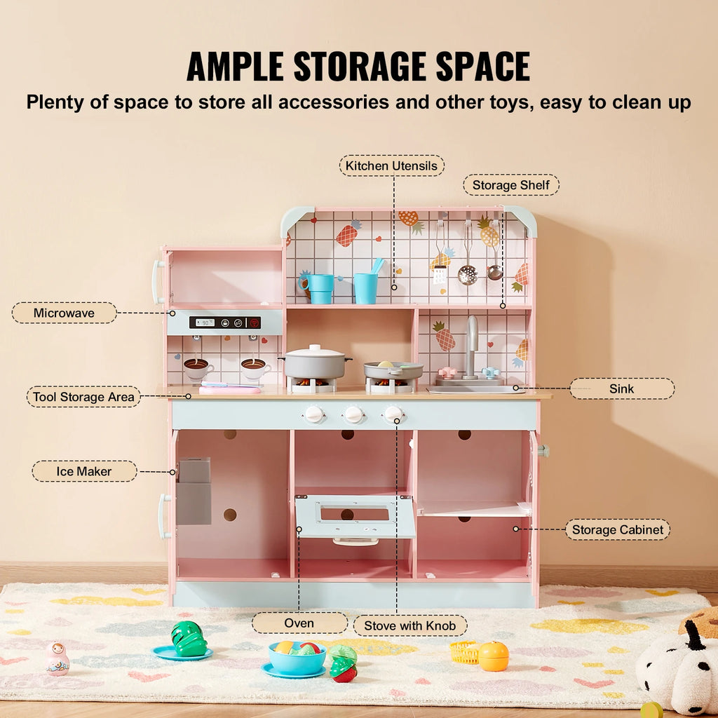 Wooden Kids Kitchen Playset with Lights & Sounds - Toddler Pretend Play