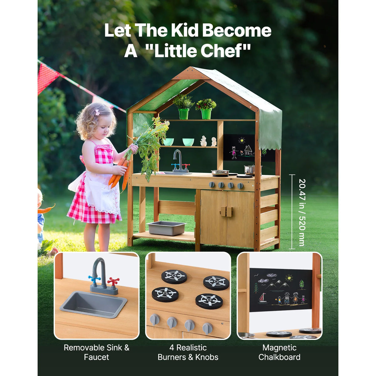 Wooden Outdoor Mud Kitchen Kids Playset with Canopy & Accessories