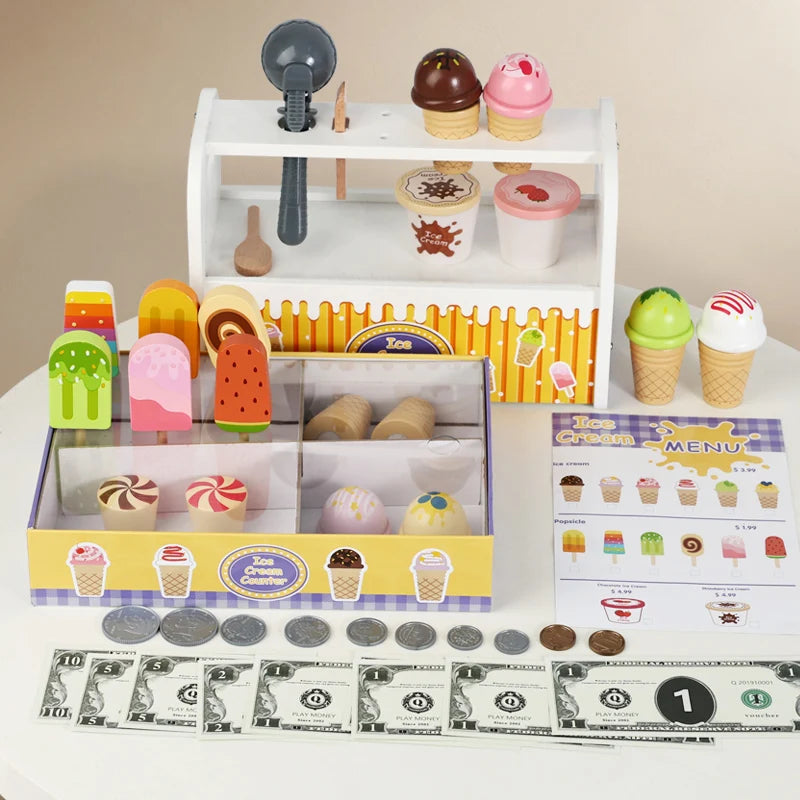 Montessori Wooden Ice Cream Counter Playset for Kids Pretend Play