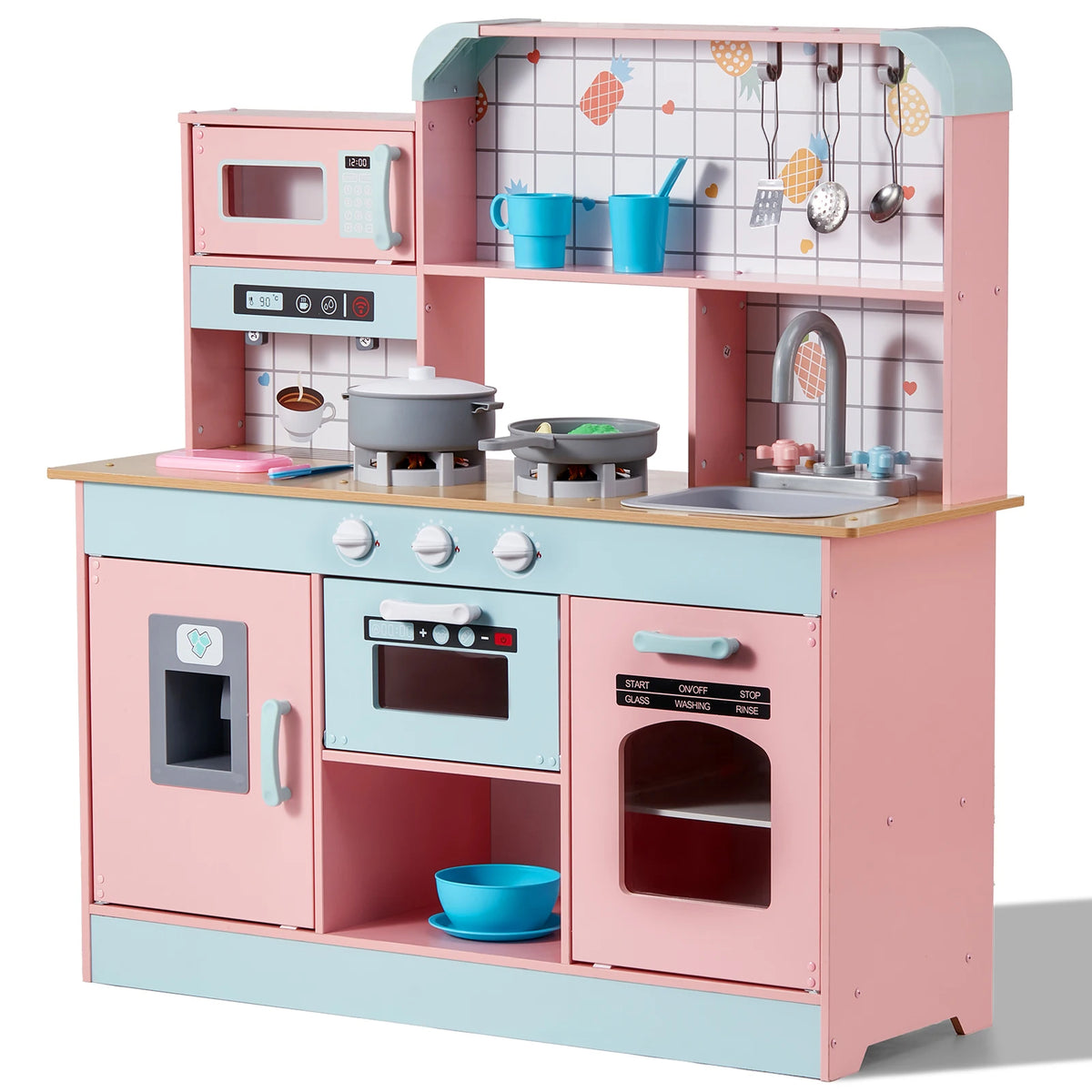 Wooden Kids Kitchen Playset with Lights & Sounds - Toddler Pretend Play