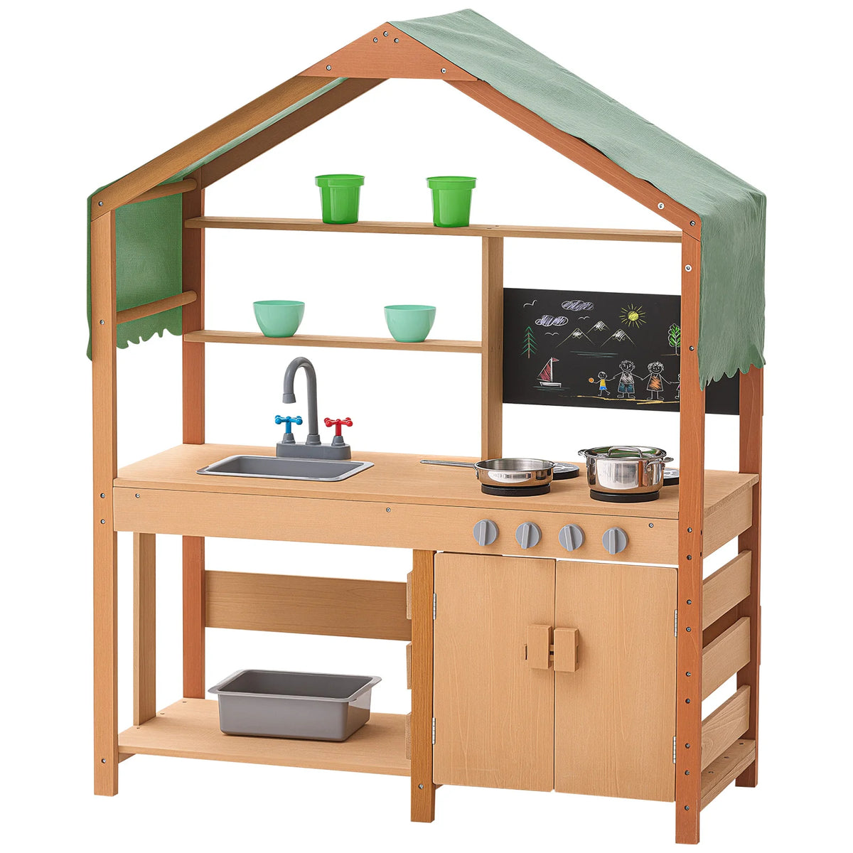 Wooden Outdoor Mud Kitchen Kids Playset with Canopy & Accessories
