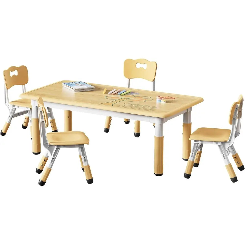 Kids Table and 4 Chairs Set, Adjustable Height HDPE Toddler Activity Desk