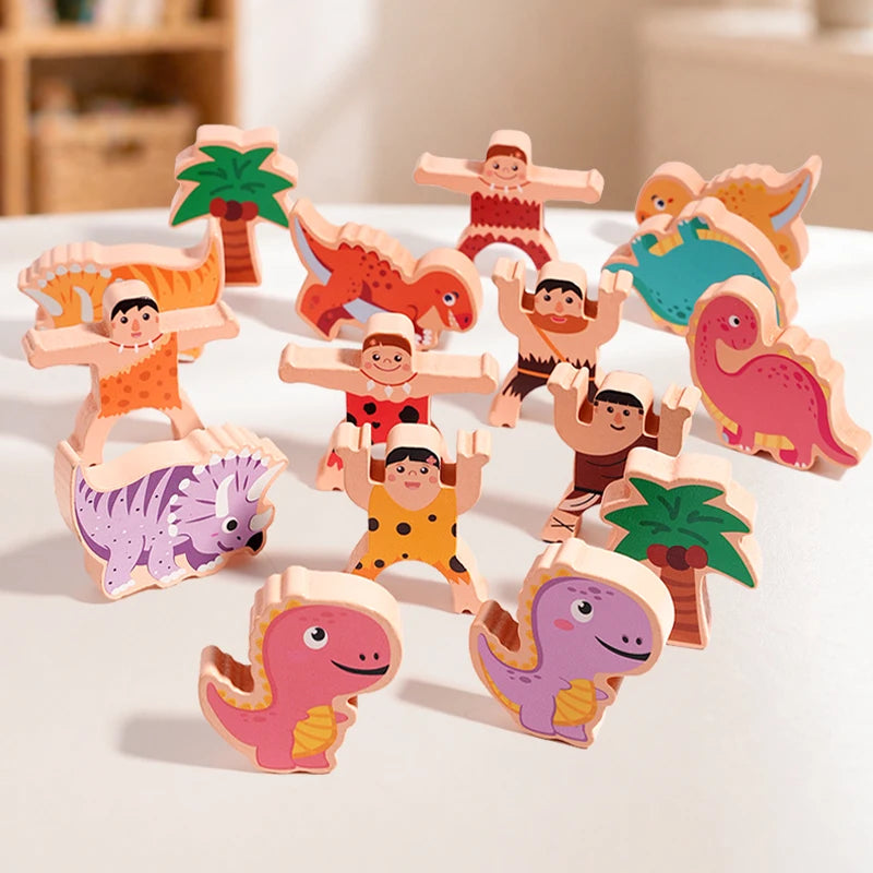 Wooden Dinosaur Stacking Blocks - Montessori Balance Game for Kids