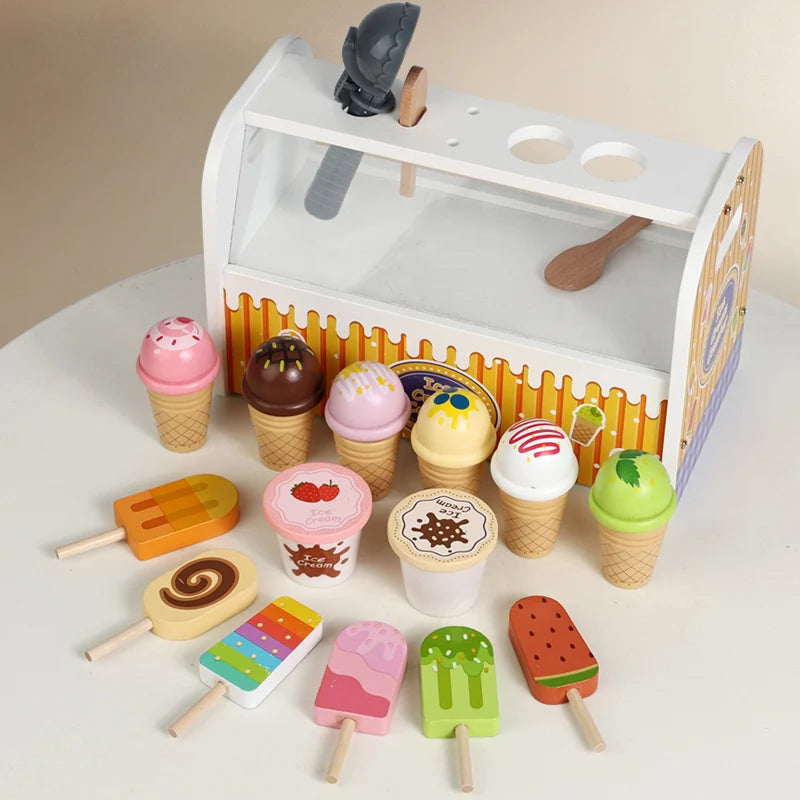 Montessori Wooden Ice Cream Counter Playset for Kids Pretend Play