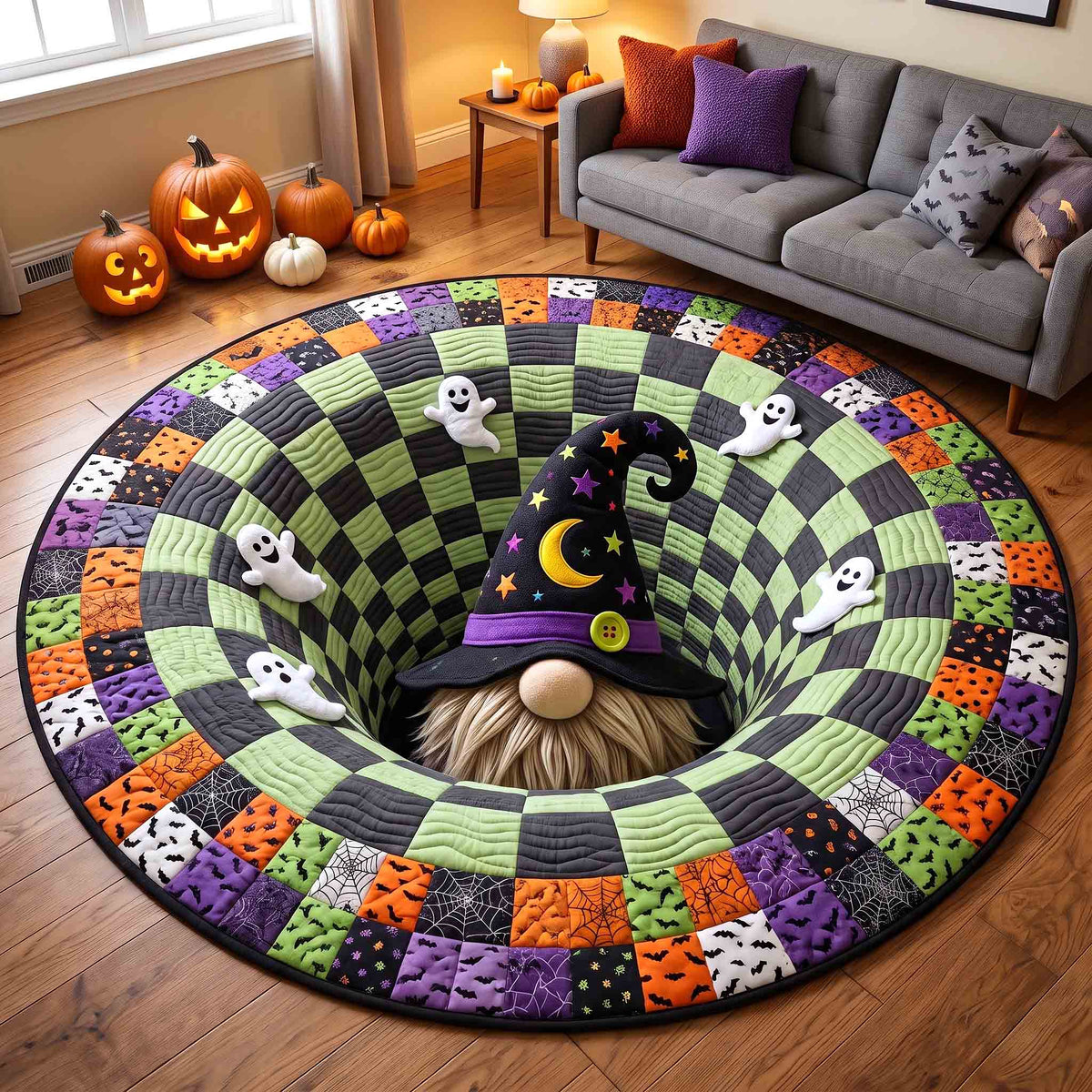 Gnome Halloween Magic Quilted Round Mat Spooky Pumpkin Floor Mat Halloween Gift