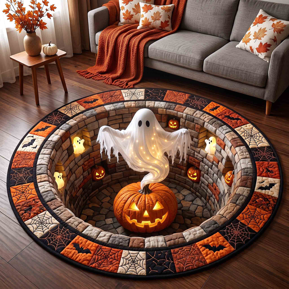Haunted Ghost Quilted Round Mat Glowing Ghost Halloween Round Rug Gift Ideas