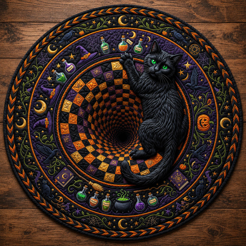 Black Cat Vortex Quilted Round Mat Spooky Potion Magic Spell Floor Mat Halloween Gift