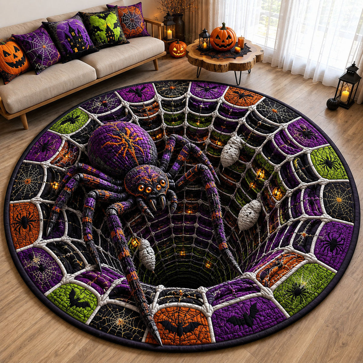 Giant Spider Web Abyss Quilted Round Mat Gothic Creepy Crawly Room Decor Halloween Gift