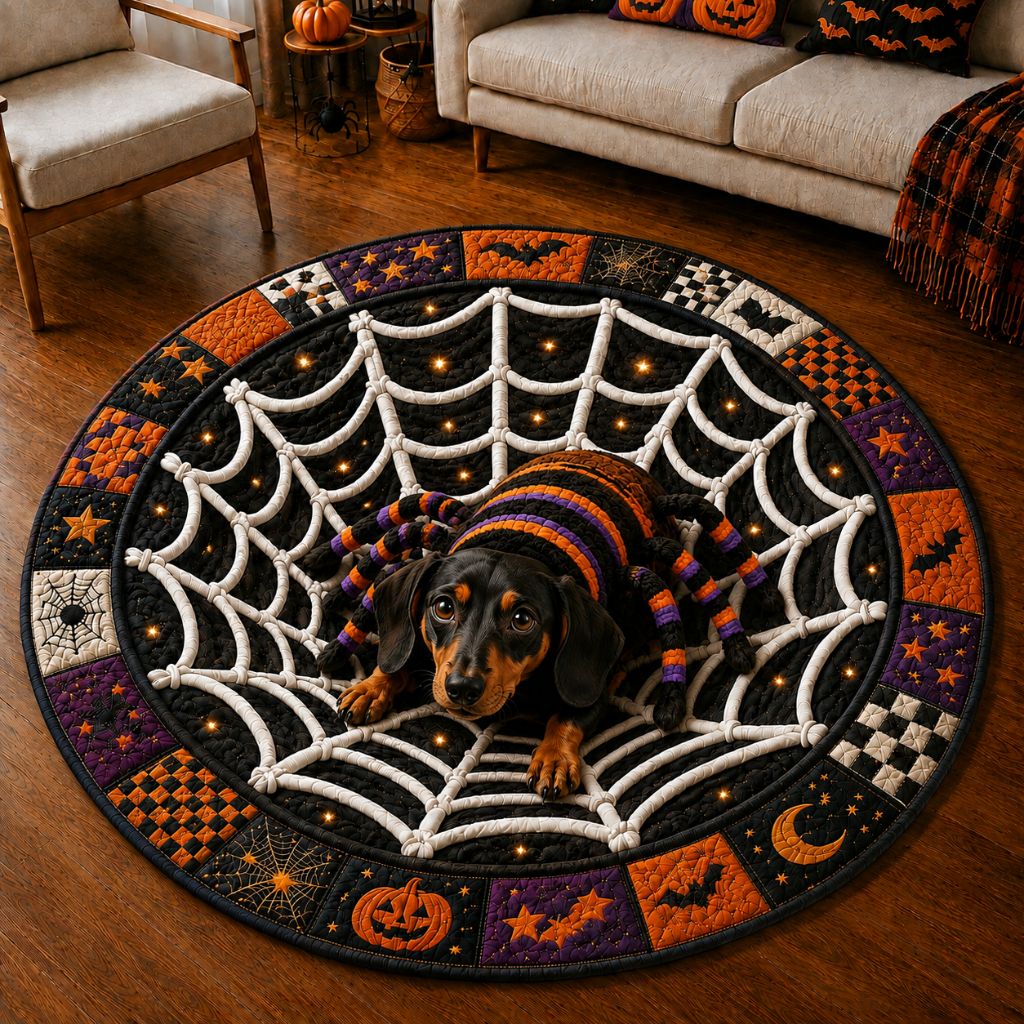 Dachshund Fright Quilted Round Mat Dachshund Spider Web Halloween Doormat Him Gift