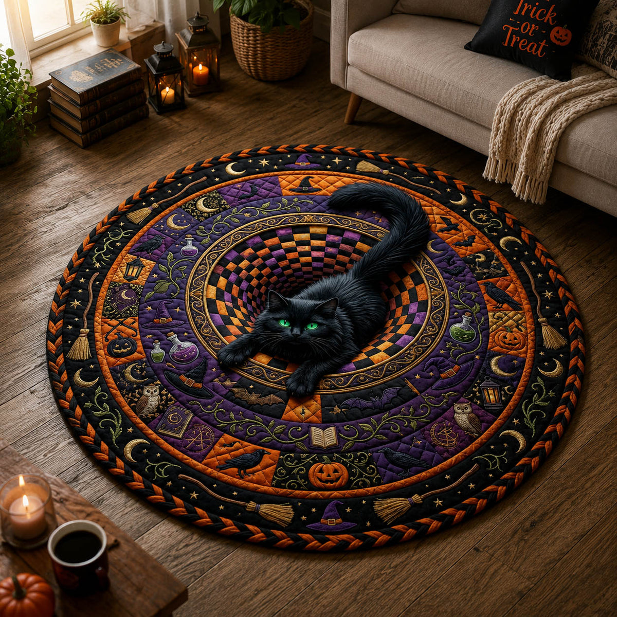 Black Cat Vortex Quilted Round Mat Spooky Potion Magic Spell Floor Mat Halloween Gift For Teen
