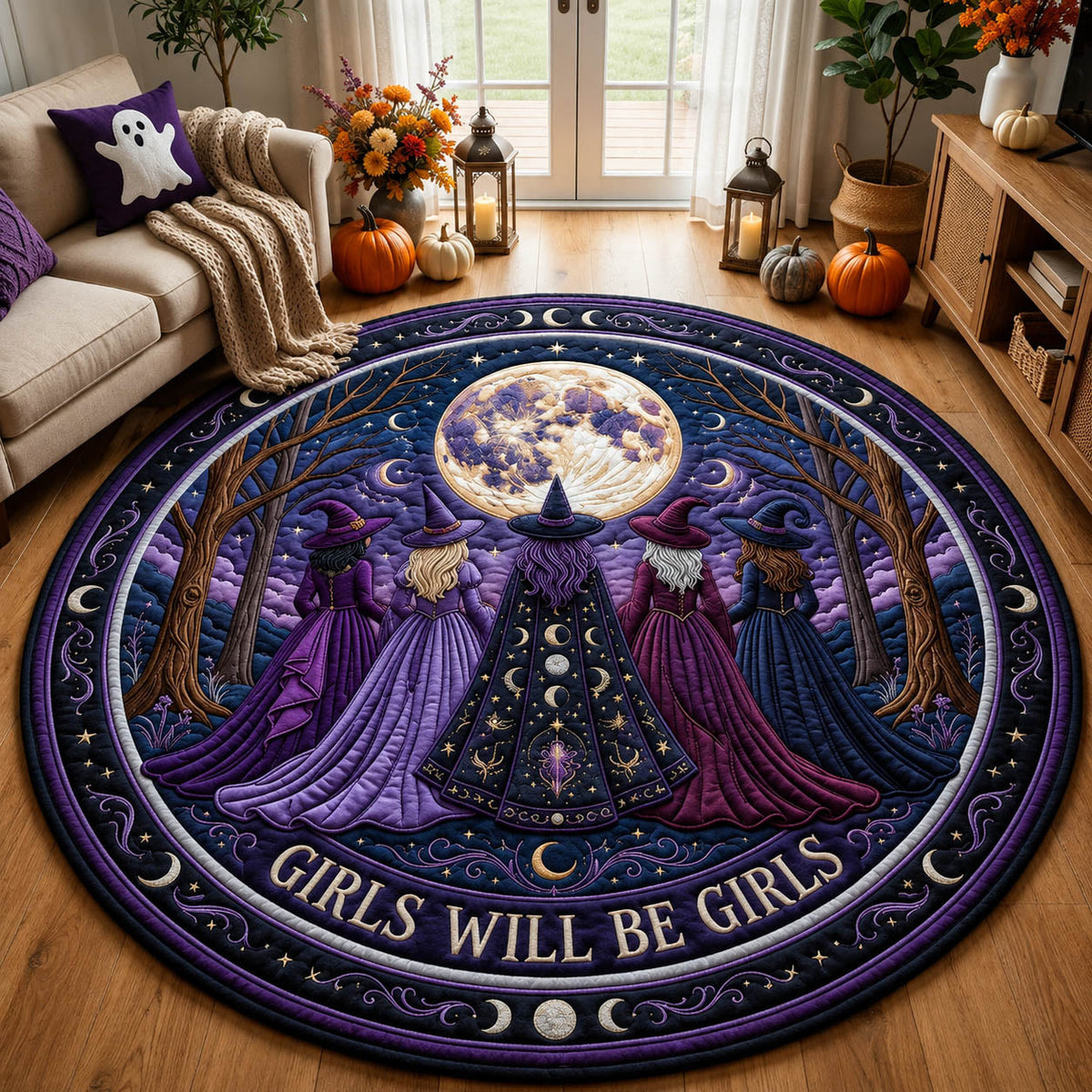 Girls Will Be Girls Witch Quilted Round Mat Gothic Wiccan Magic Ritual Floor Mat Her Gift