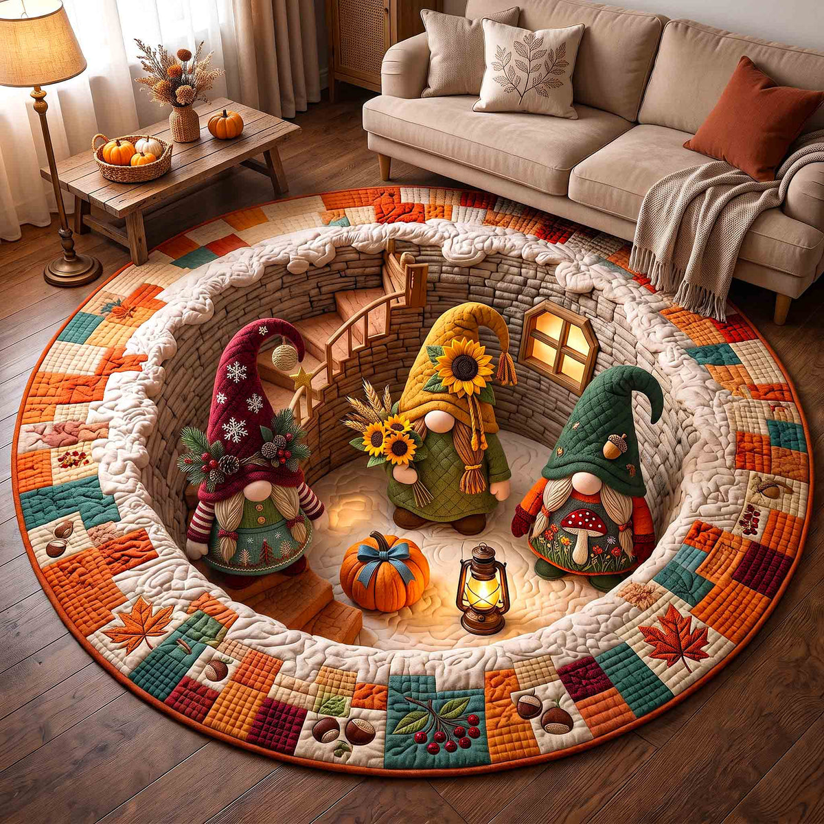 Fall Gnome Quilted Round Mat Sunflower Pumpkin Doormat Halloween Gifts For Her
