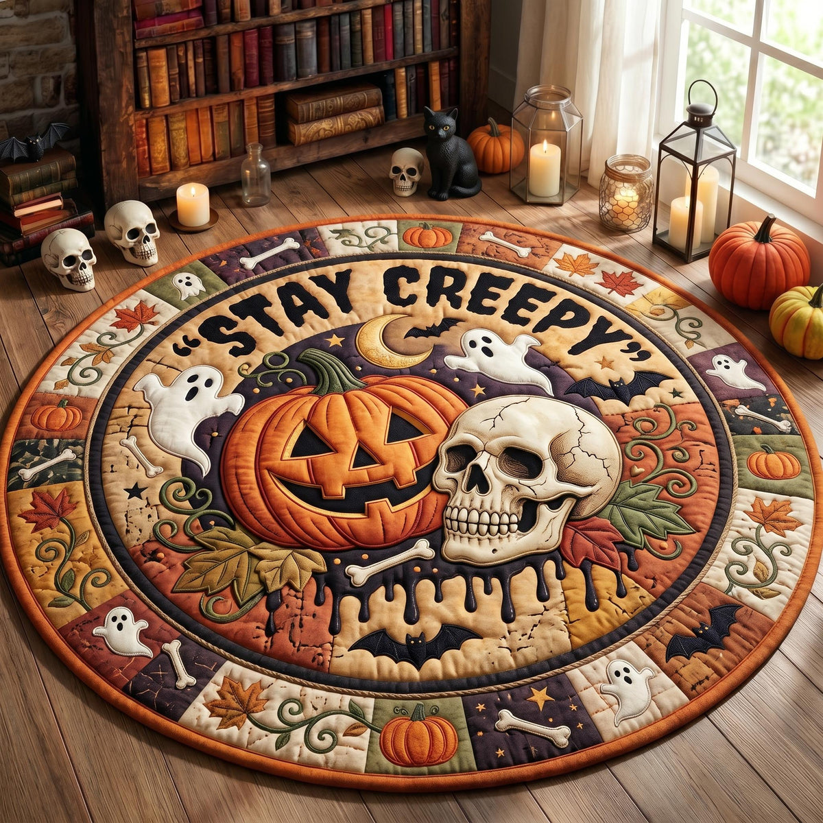 Stay Creepy Quilted Round Mat Thanksgiving Patchwork Floor Mat Halloween Gifts For Adults