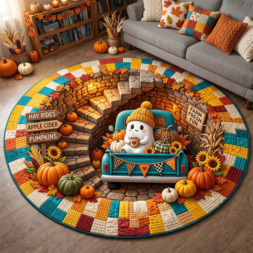 Autumn Boo Quilted Round Mat Halloween Ghost Round Rug Halloween Gifts For Teens